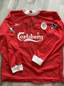 Reebok Liverpool FC Signed by Michael Owen.  Small hole in the elbow for sale on Ebay