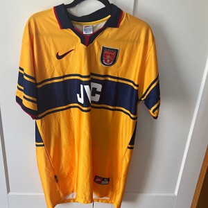 Replica Nike Arsenal Away Shirt Overmars 11 Yellow XL Short Sleeve Football for sale on Ebay