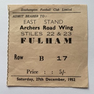 Rare 27th Dec 1952 Southampton v Fulham Archers Road Football Match Ticket Stub. for sale on Ebay