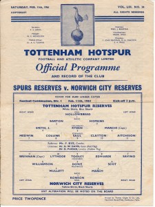 Tottenham Reserves v Norwich City (Combination) 1960/1961 - single sheet issue for sale on Ebay