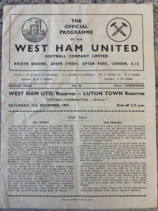 West Ham United Reserves v Luton Town Reserves. December 12th 1953. Combination. for sale on Ebay