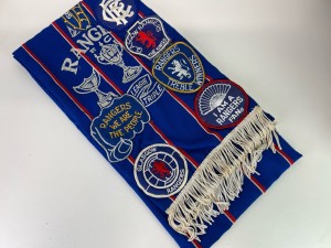 Vintage 1970s Glasgow Rangers FC Football Scarf Hand Sewn Badges Triple Winners for sale on Ebay