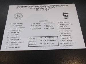 OFFICIAL TEAM SHEET - SHEFFIELD WEDNESDAY V IPSWICH TOWN 23 APR 1994 for sale on Ebay