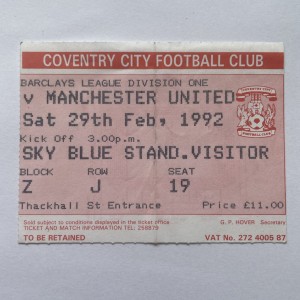 Rare Feb 1992 Coventry City Manchester United Away Fan Section Match Ticket Stub for sale on Ebay