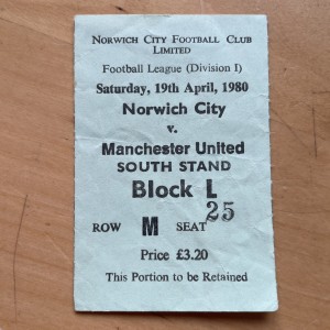 Very Rare 19th April 1980 Manchester United v Norwich City Match Ticket Stub. for sale on Ebay