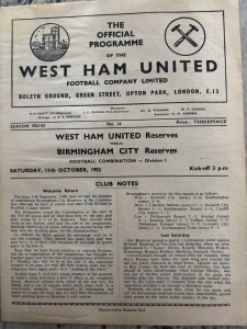 West Ham United Reserves v Birmingham City Res. October 11th 1952. Combination for sale on Ebay