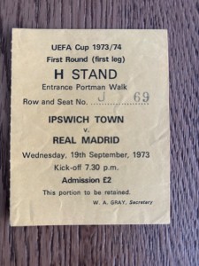 IPSWICH TOWN V REAL MADRID TICKET STUBB. 19TH SEPT 73. UEFA CUP 1ST RD 1ST LEG. for sale on Ebay
