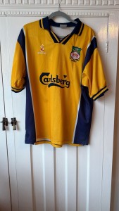 Wrexham AFC Away Shirt 1999 Gold and Blue Size XL  Fair Condition . Very Rare for sale on Ebay